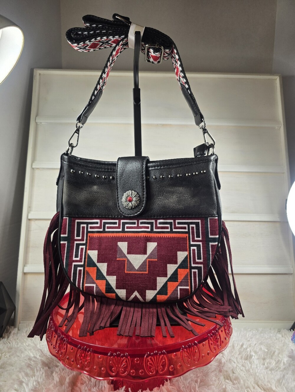 Fringed Aztec Print Crossbody Bag in Burgundy and Black